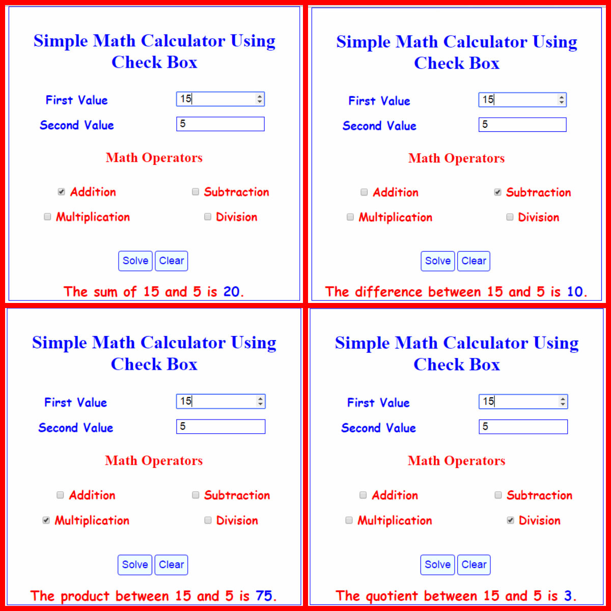 simple math calculator using checkbox