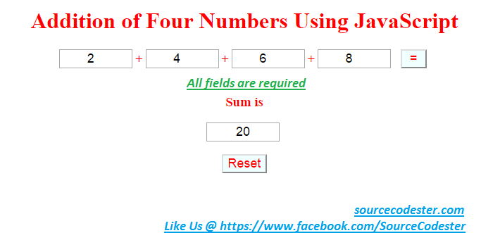 Addition Of Four Numbers Using JavaScript | Free Source Code Projects