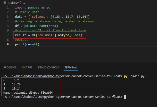 Fixing Python TypeError cannote convert series into class float