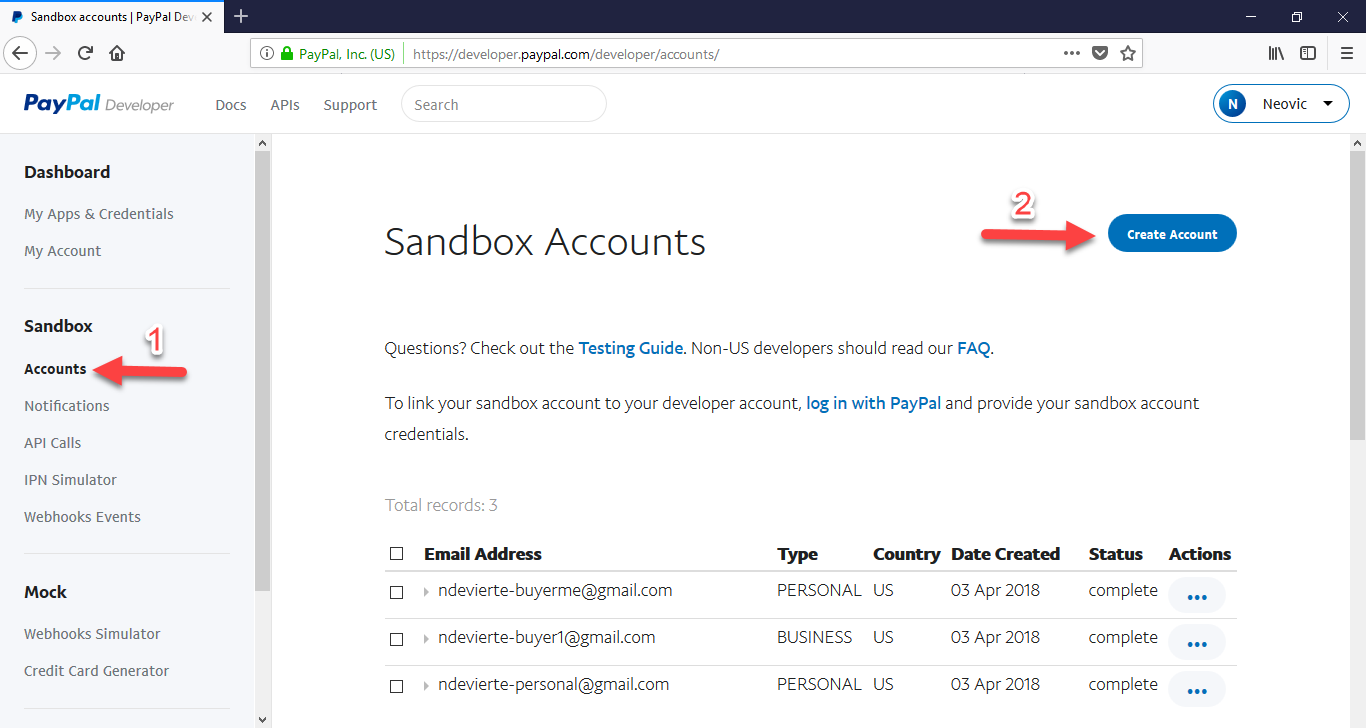 creating a paypal sandbox account