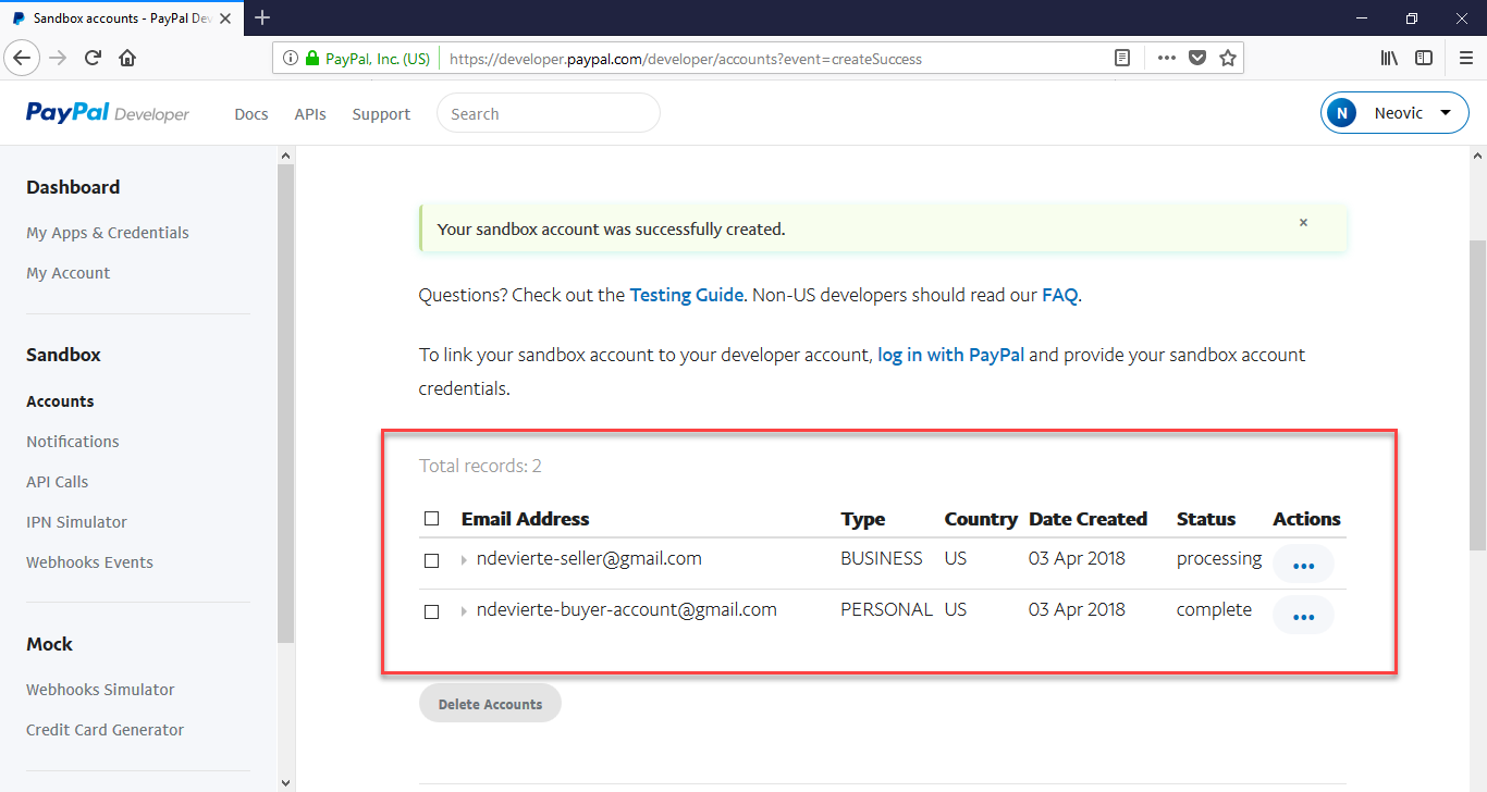 paypal sandbox account list