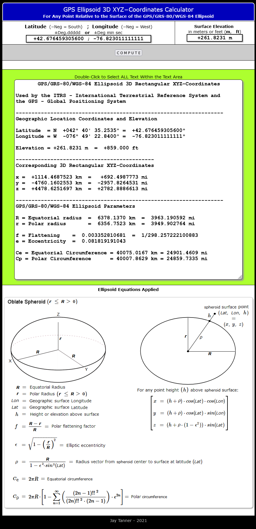 GPS Ellipsoid 3D Rectangular XYZ Coordinates Calculator using PHP