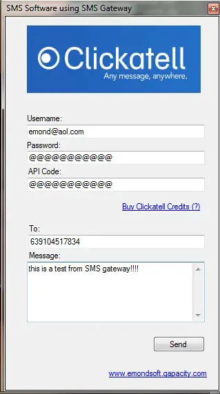 Sending SMS using SMS Gateway (Clickatell) as requested ...