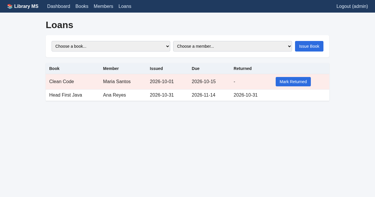 Library Management System Flask loans page