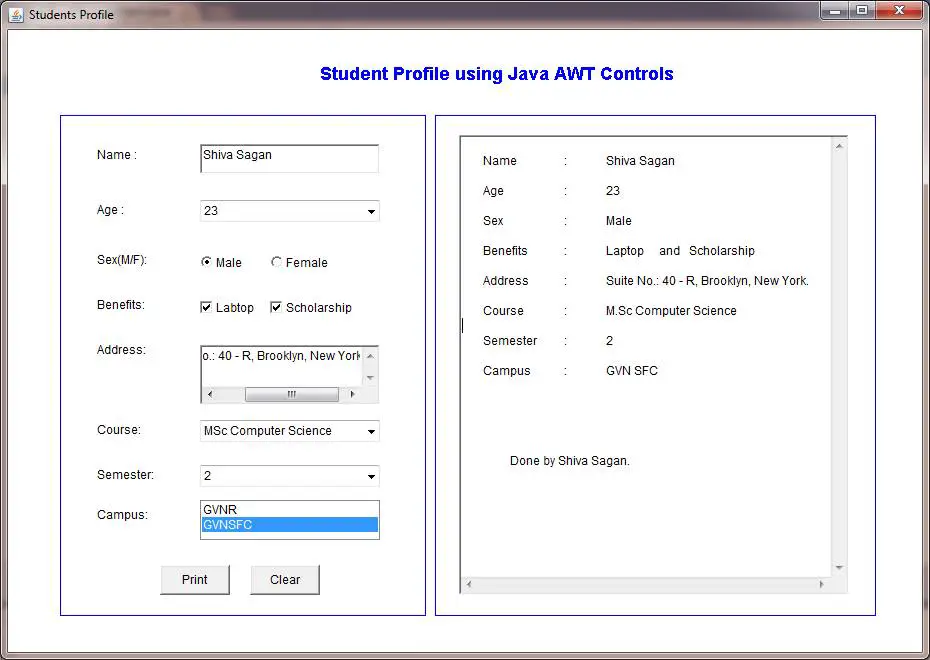 Student Profile using Java AWT I Components Code Free Source. 