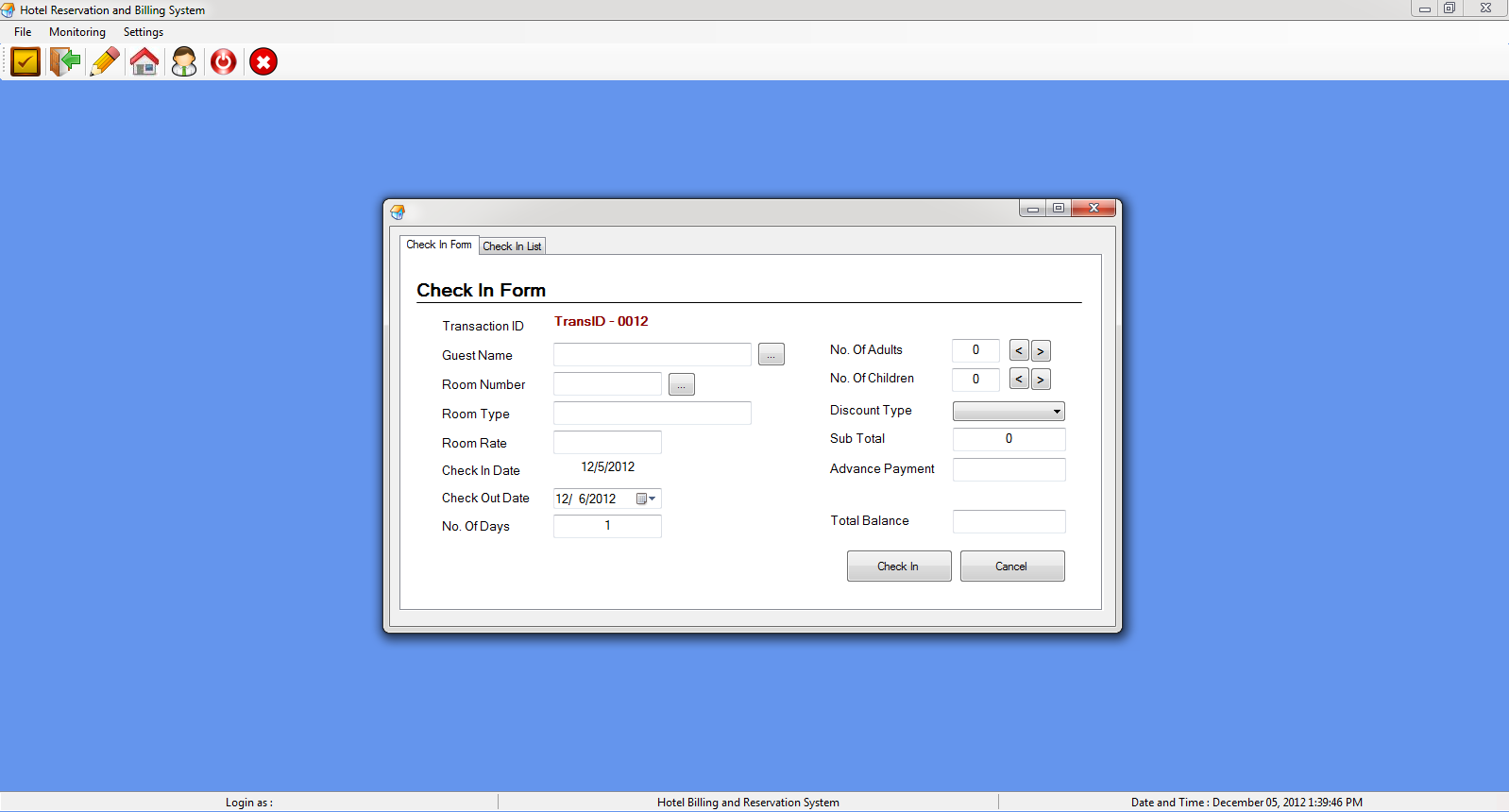 C++ program for hotel management