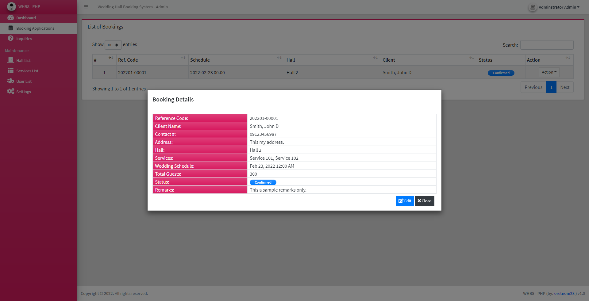 Wedding Hall Booking System