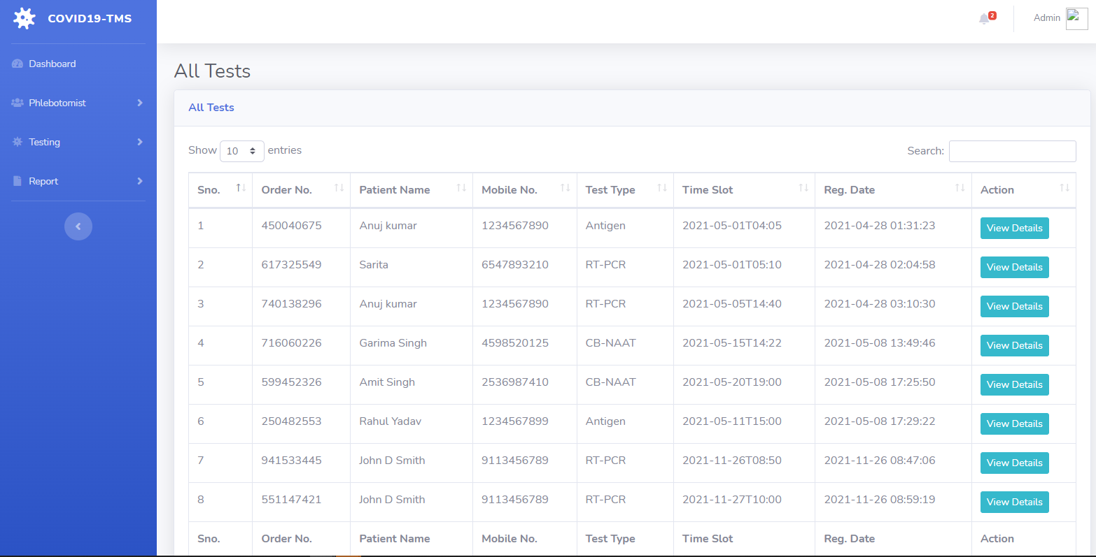 COVID 19 Testing Management System (CTMS)