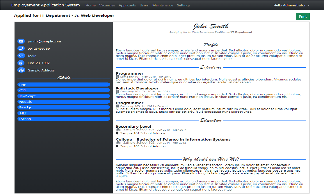 Company's Recruitment Management System