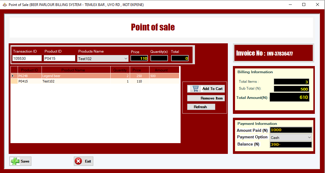 Beer Parlour Billing System