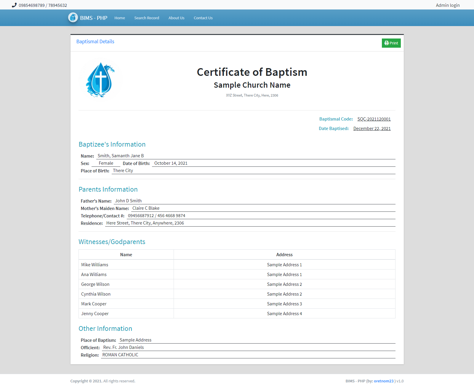 Online Baptismal Information Management System