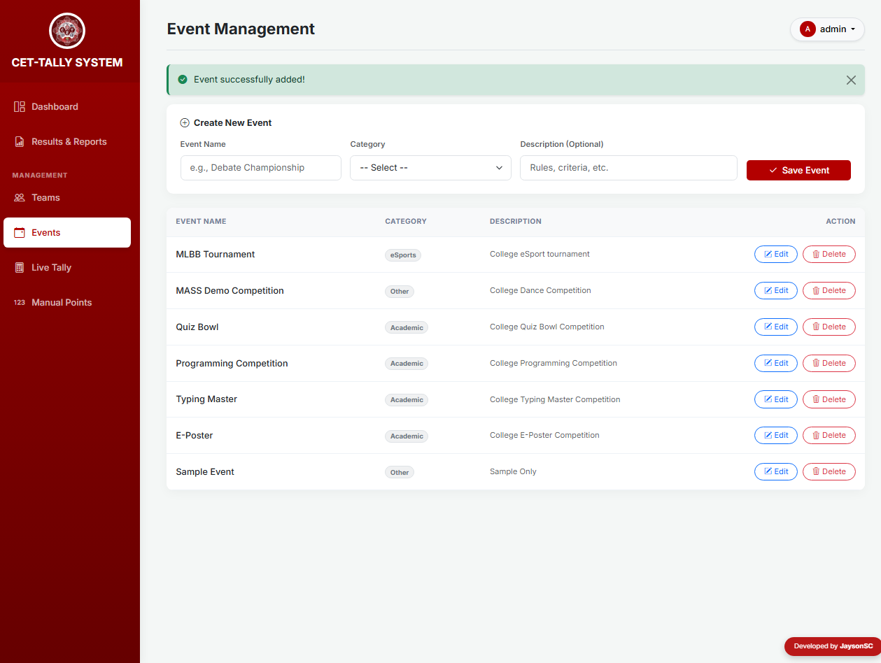 Advance College Event Tallying and Leaderboard System in PHP and MySQL
