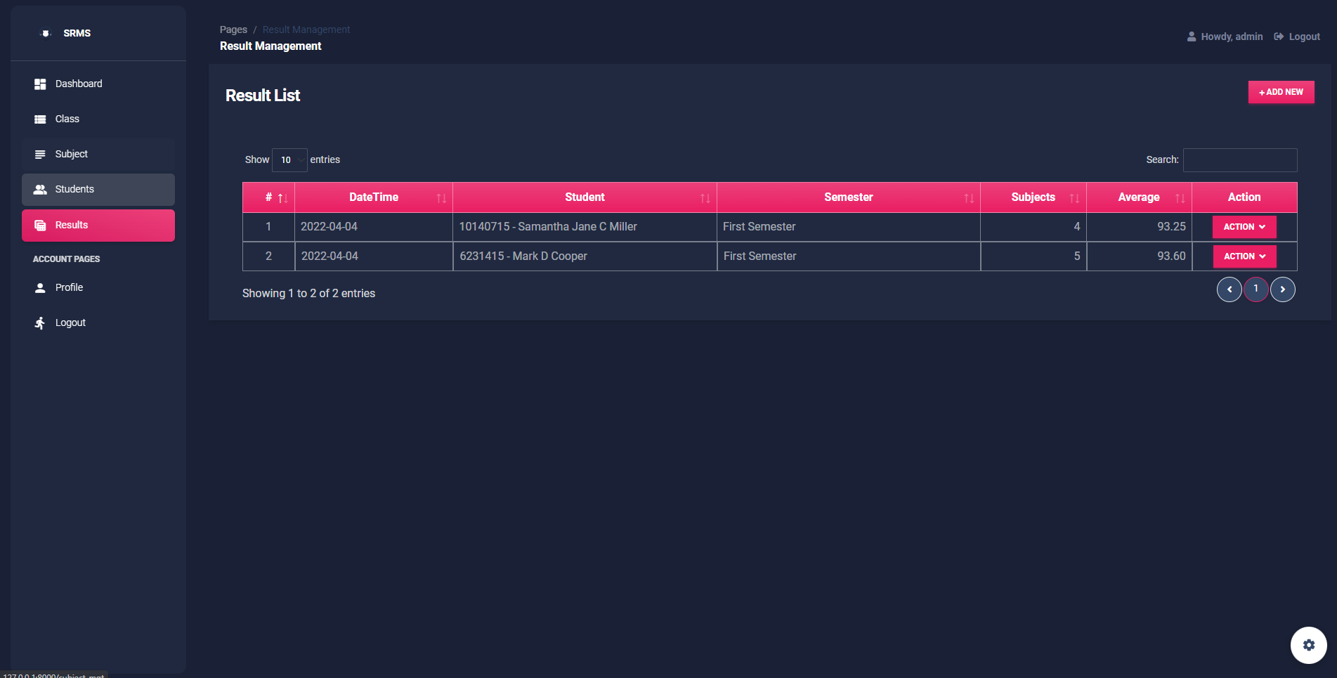 Online Student Result Management System