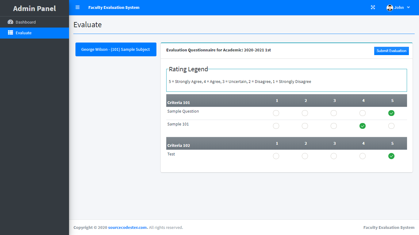 Online Faculty Evaluation System using PHP/MySQLi 4 Answer Sheet