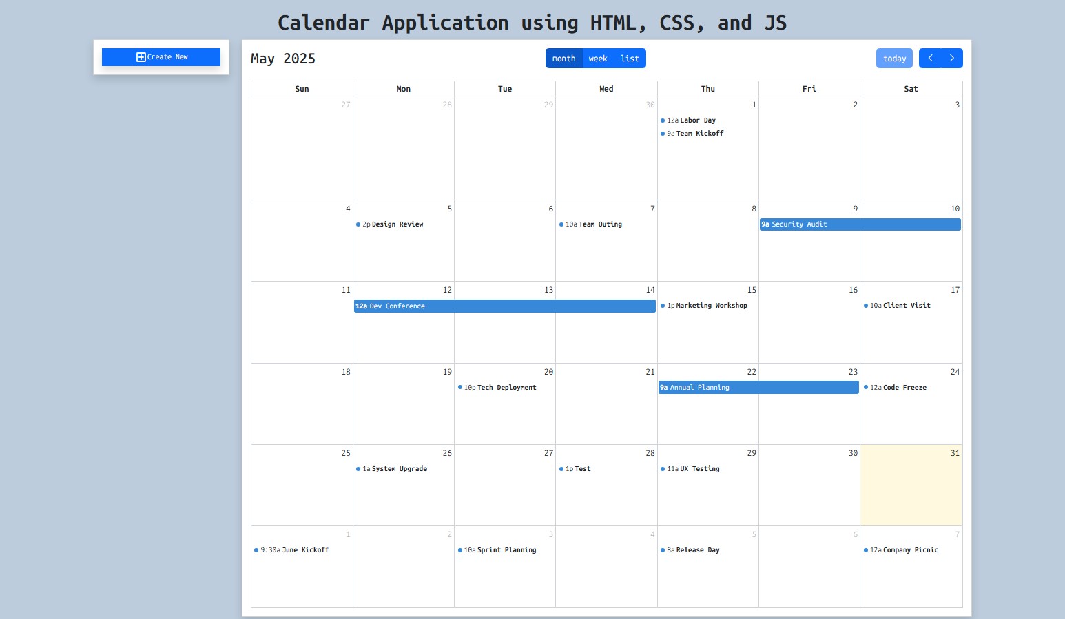 Calendar Application using HTML, CSS, and JavaScript