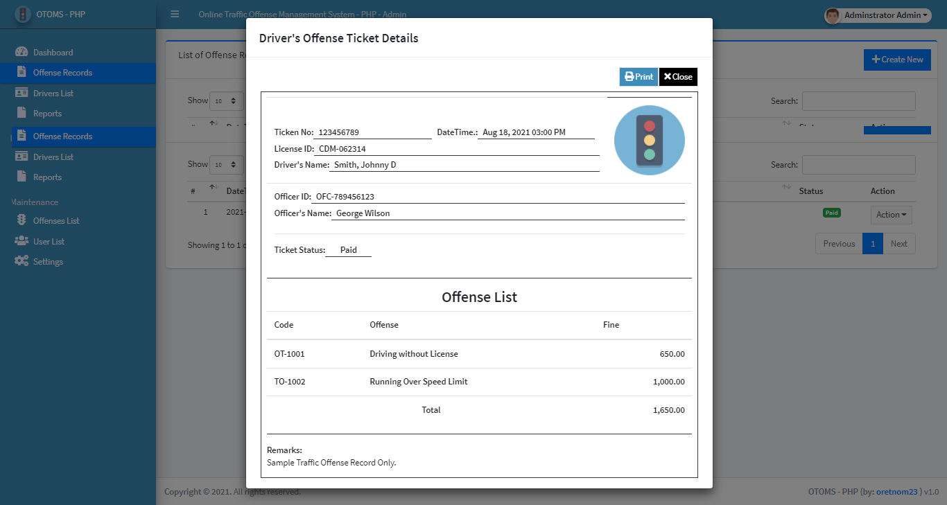 Traffic Offense System