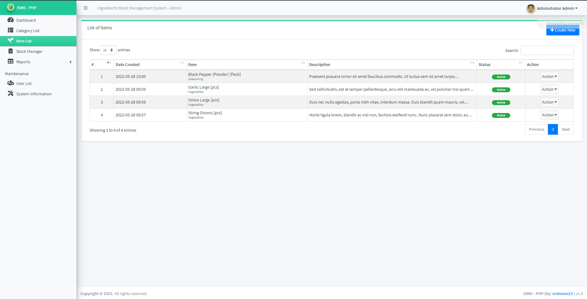 Ingredient Stock Management System