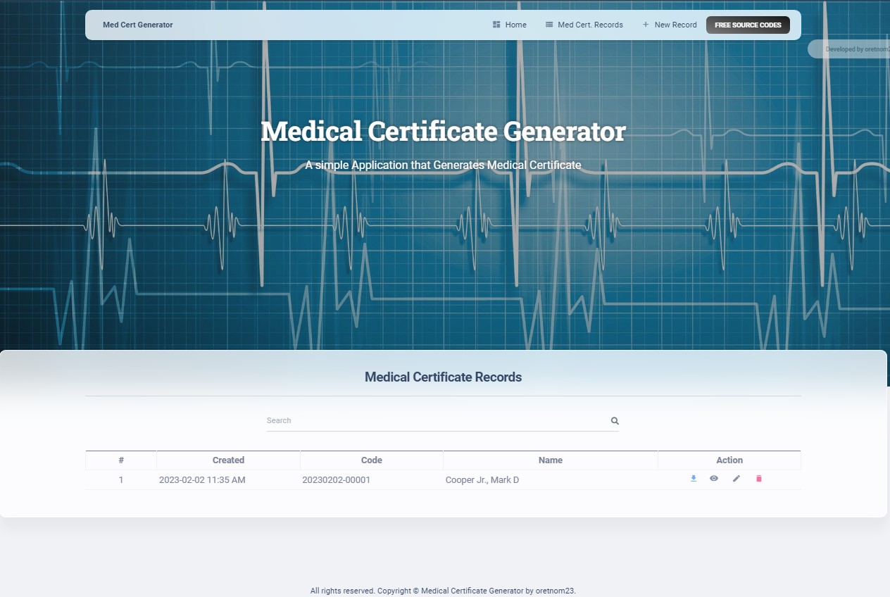 Medical Certificate Generator Application using PHP and MySQL