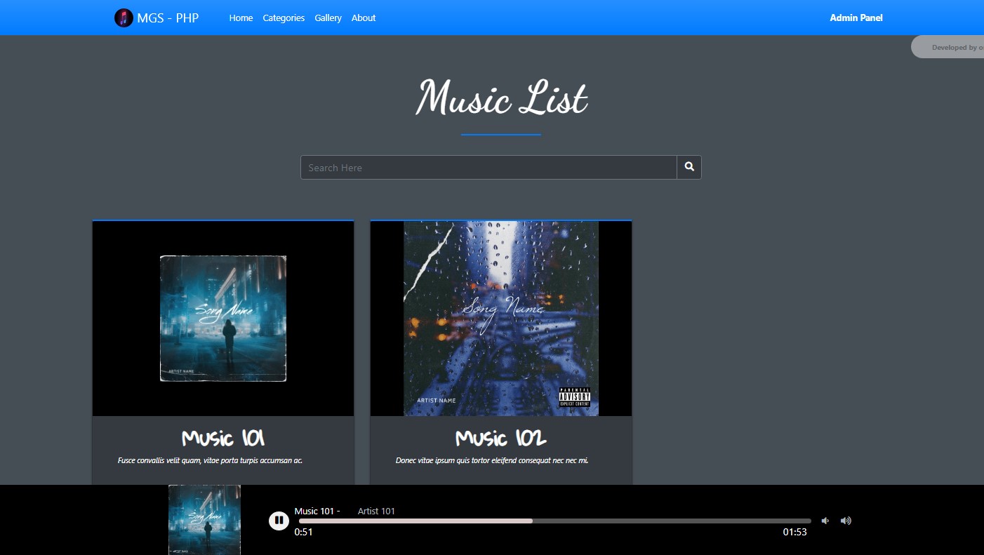 Music Gallery Site using PHP and MySQL Database
