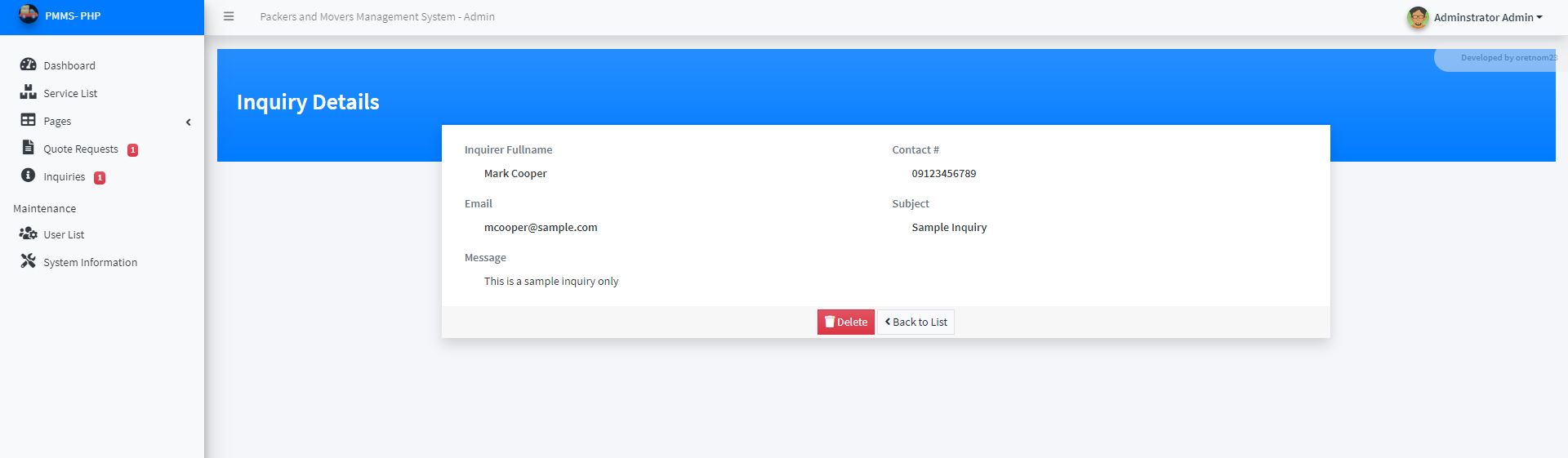 Movers and Packers Management System
