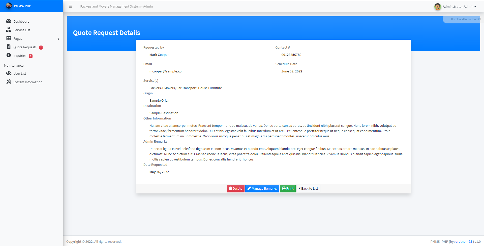 Movers and Packers Management System