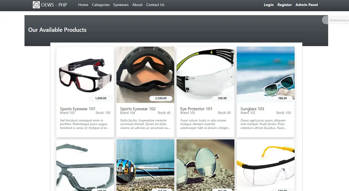 Online Eyewear Shop Application using PHP