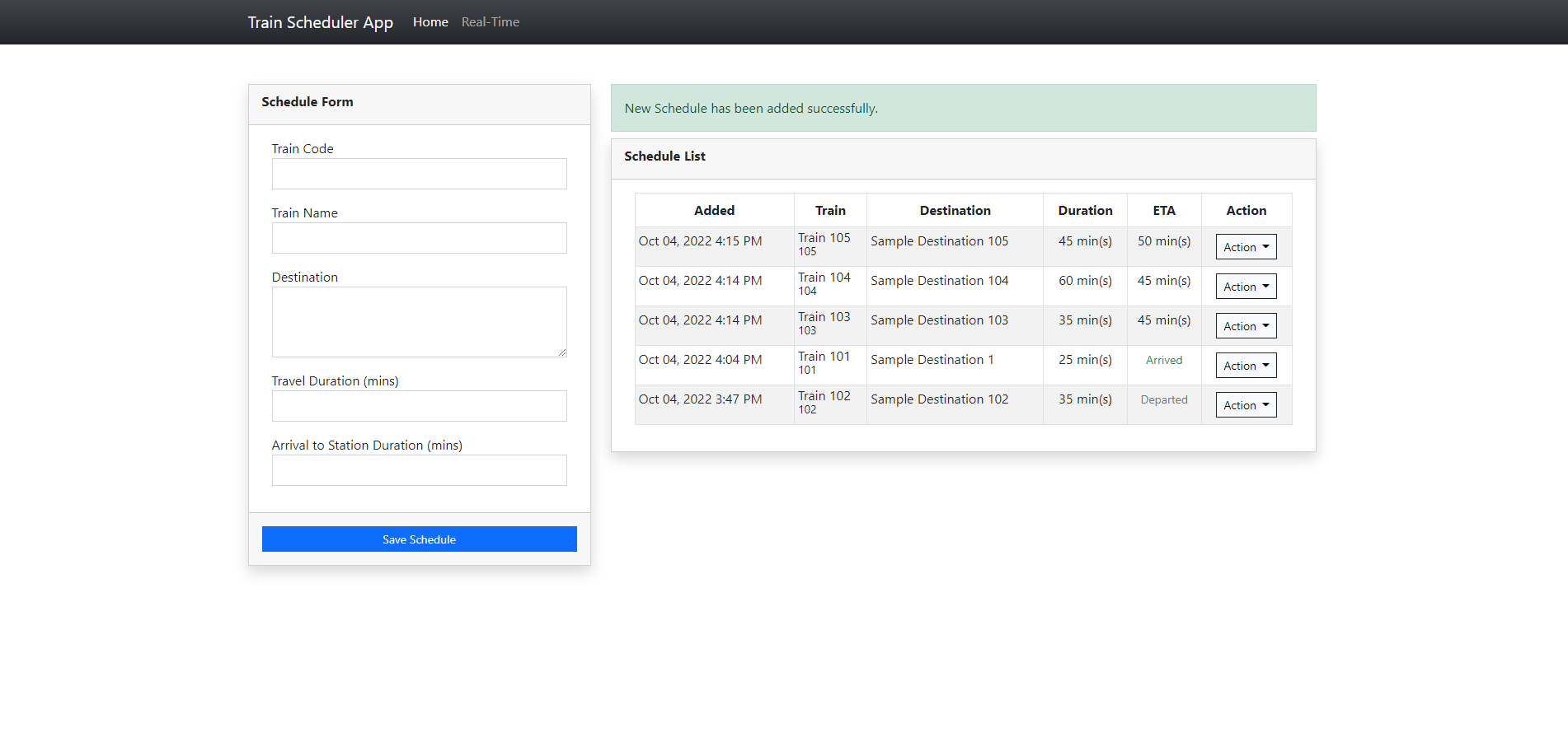 PHP Train Scheduler App - Main Page