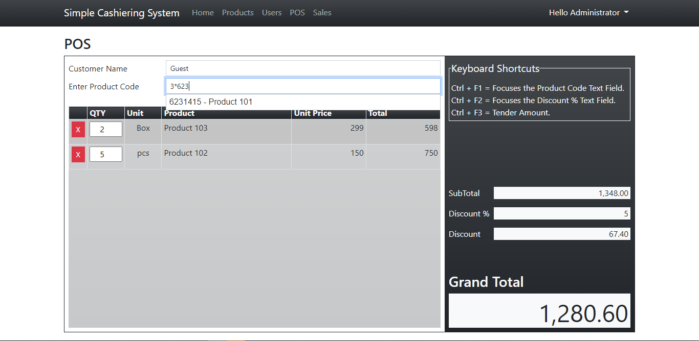 Simple Cashiering System