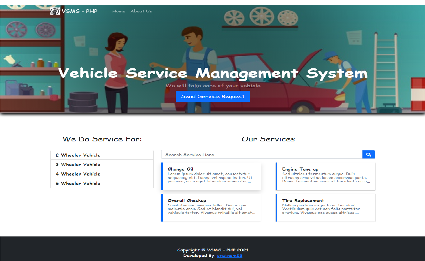Vehicle Service Management System in PHP Free Source Code