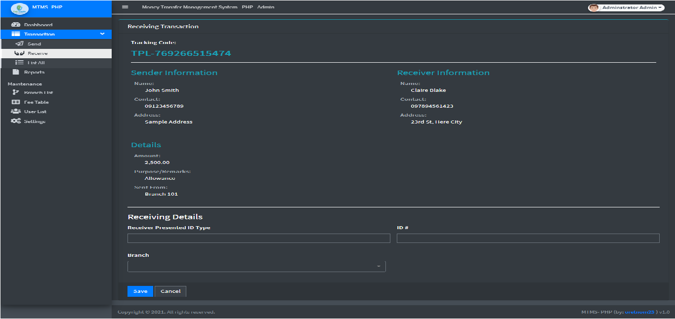 Money Transfer Management System