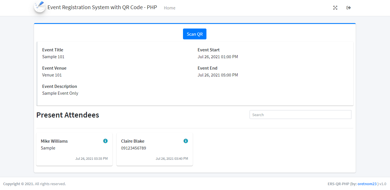 Event Registration System with QR Code in PHP Free Source Code