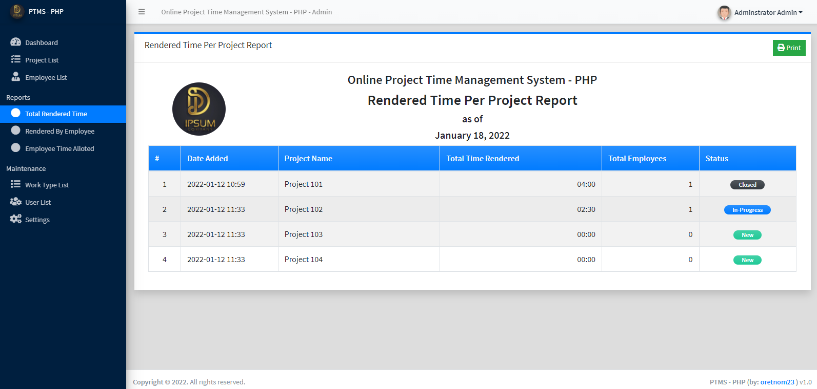 Online Project Time Management System