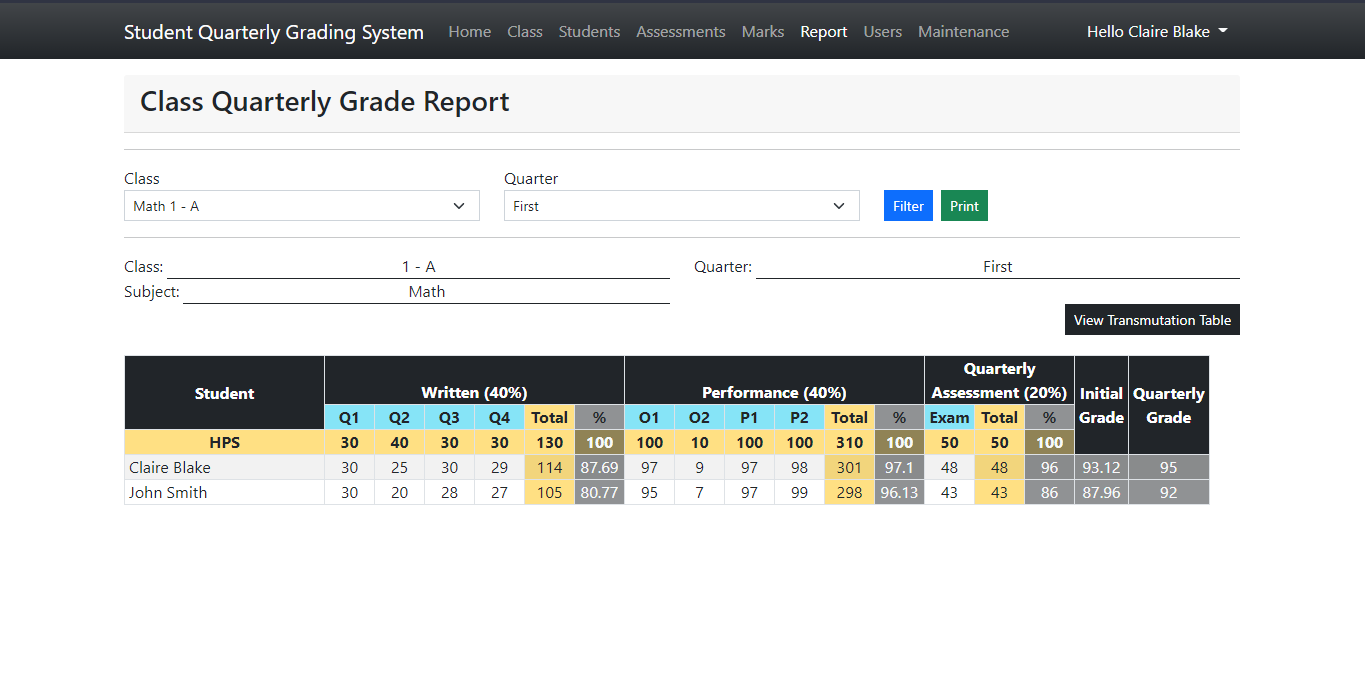 Student Quarterly Grading System