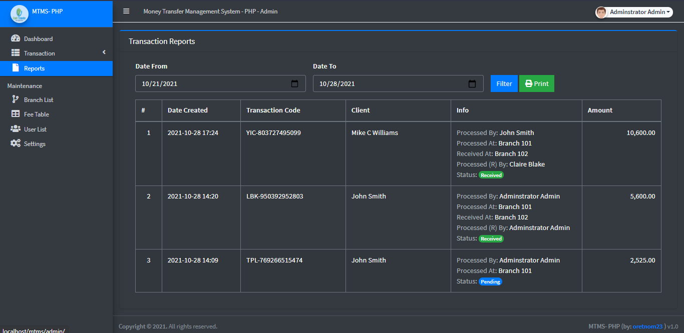 Money Transfer Management System