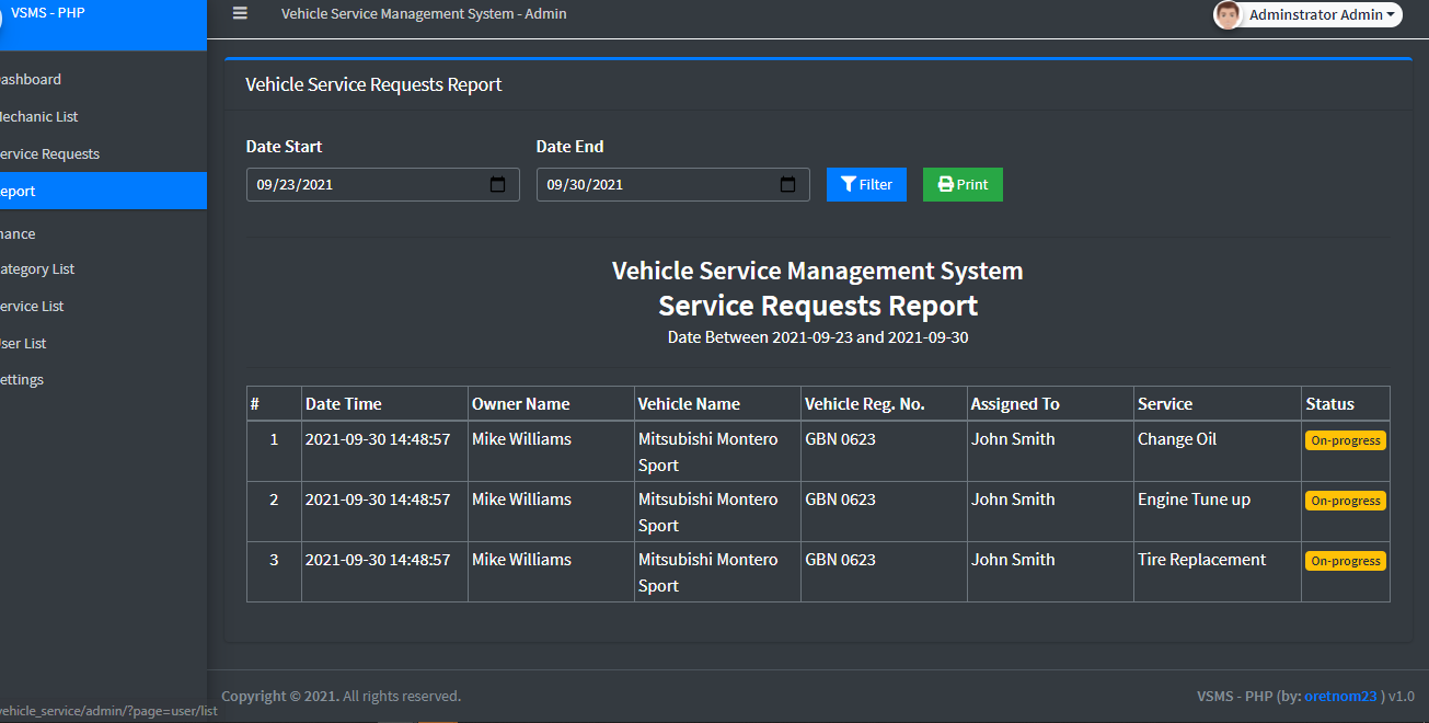Vehicle Service Management System
