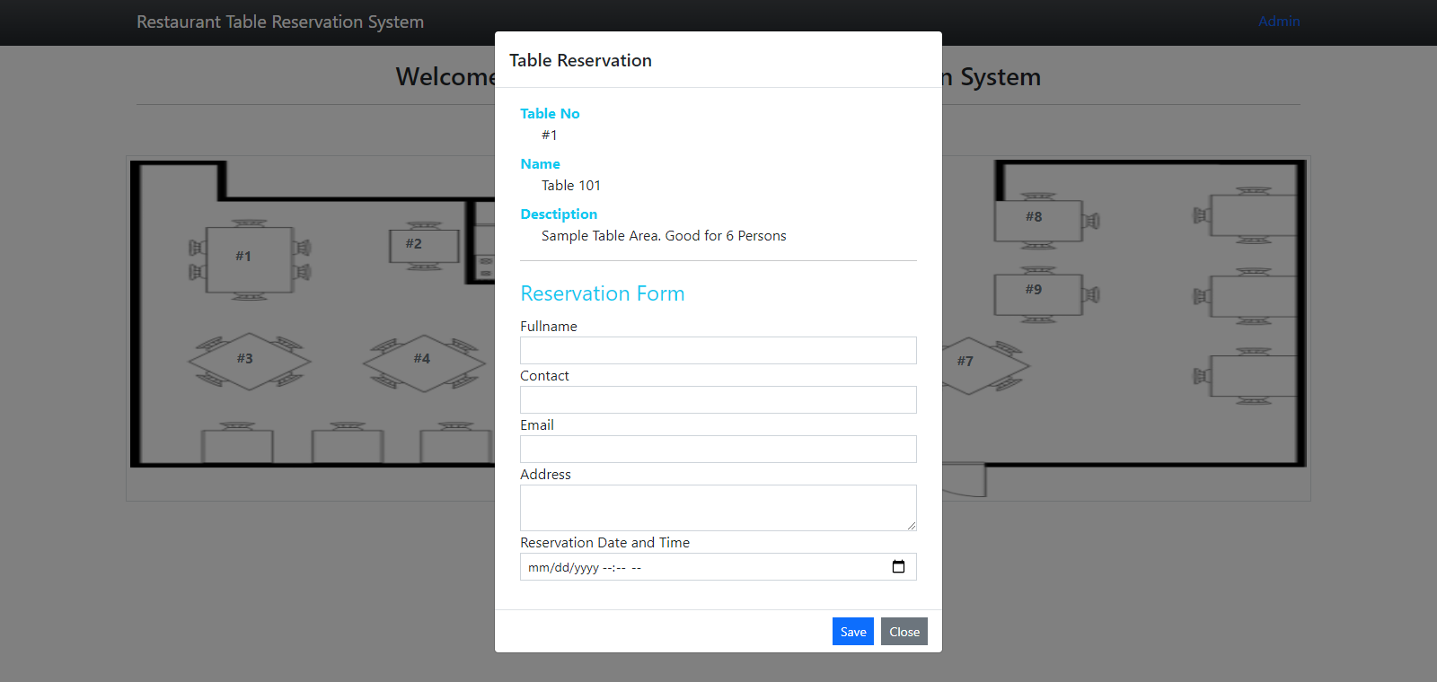 Simple Restaurant Table Reservation System with Floor Plan Mapping