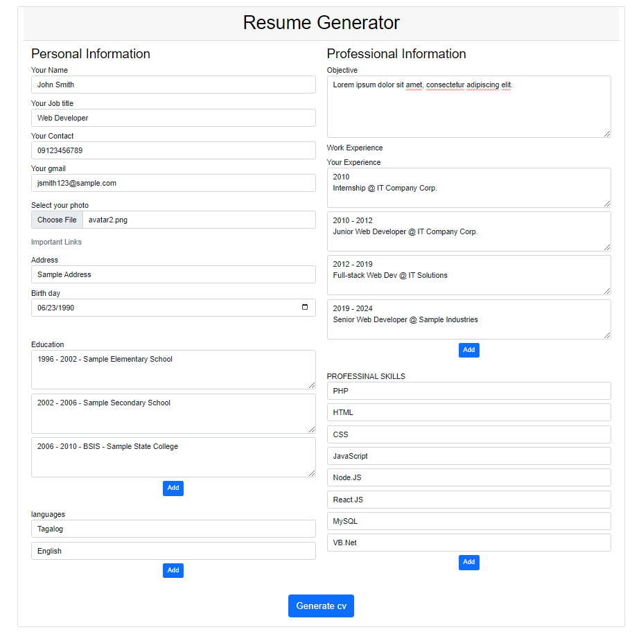 Resume Generator Web Application using HTML, CSS, and JS