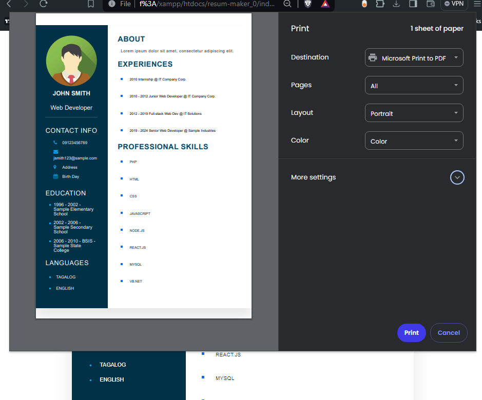 Resume Generator Web Application using HTML, CSS, and JS