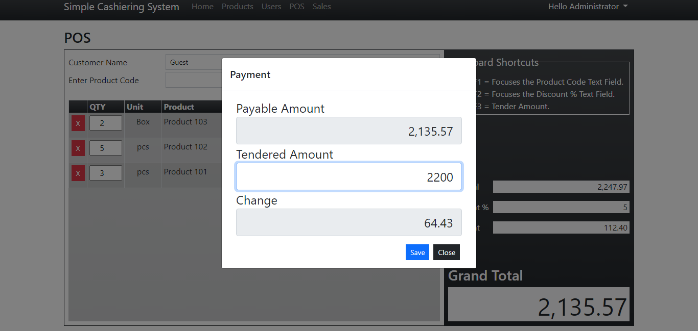 Simple Cashiering System