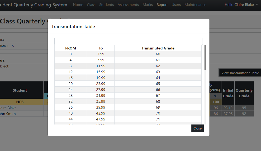 Student Quarterly Grading System