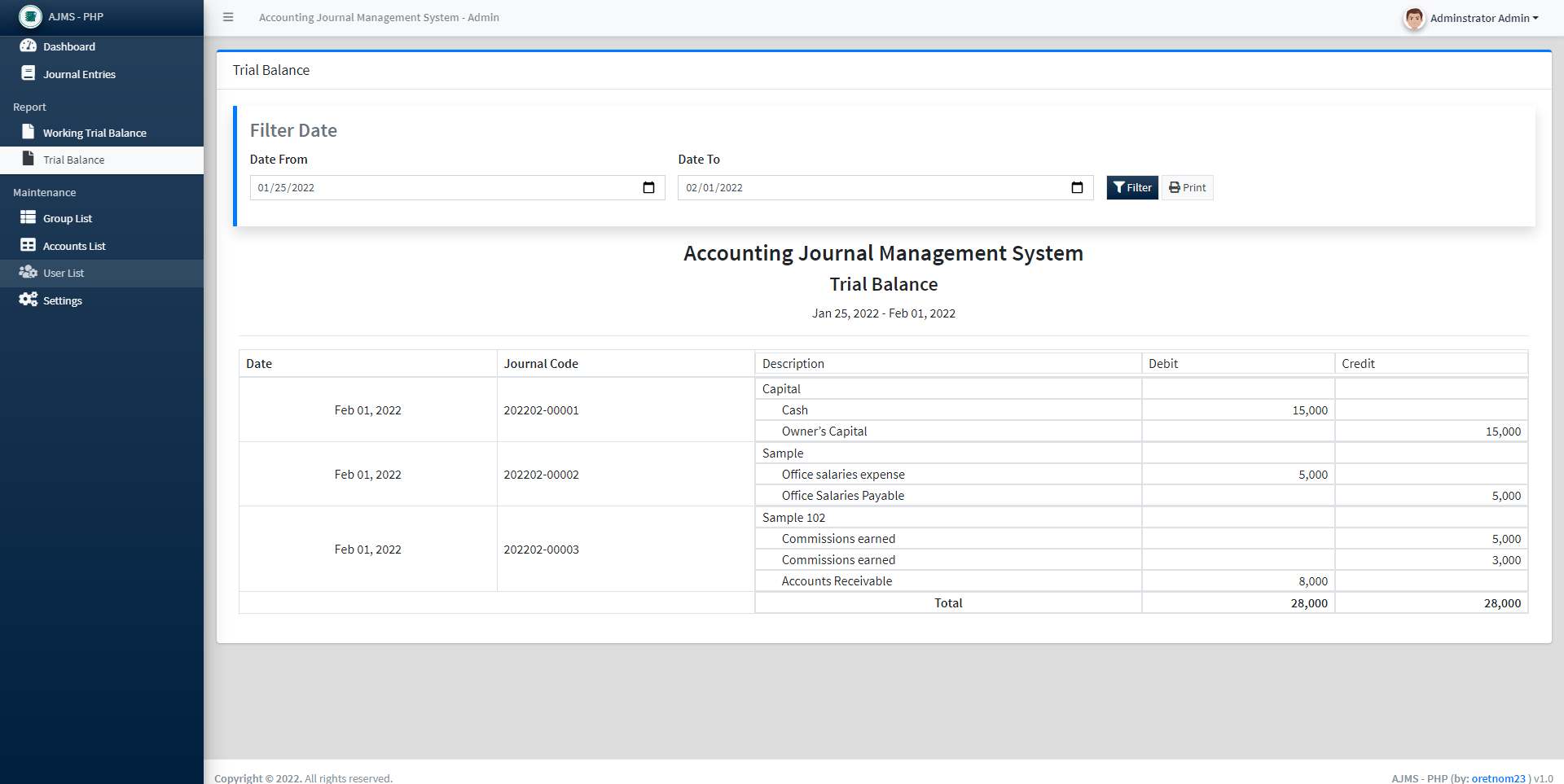 Accounting Journal Management System with Trial balance