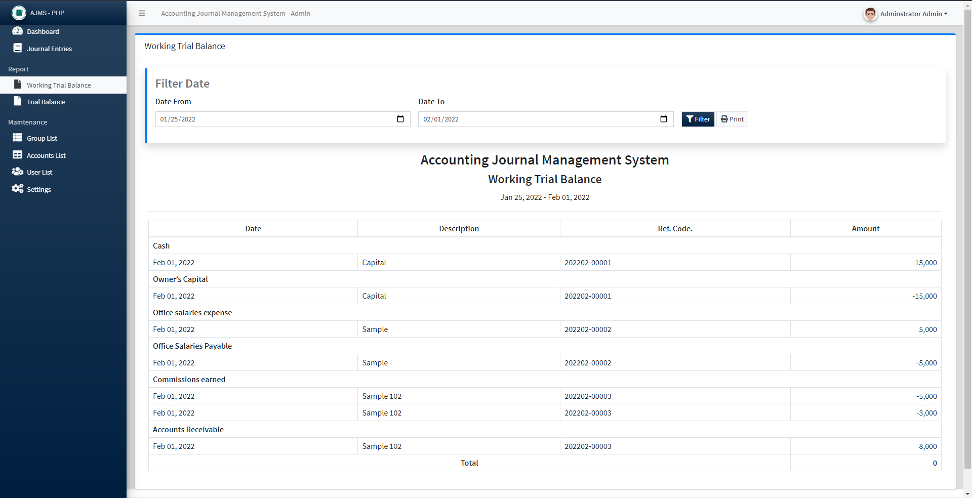 Accounting Journal Management System with Trial balance