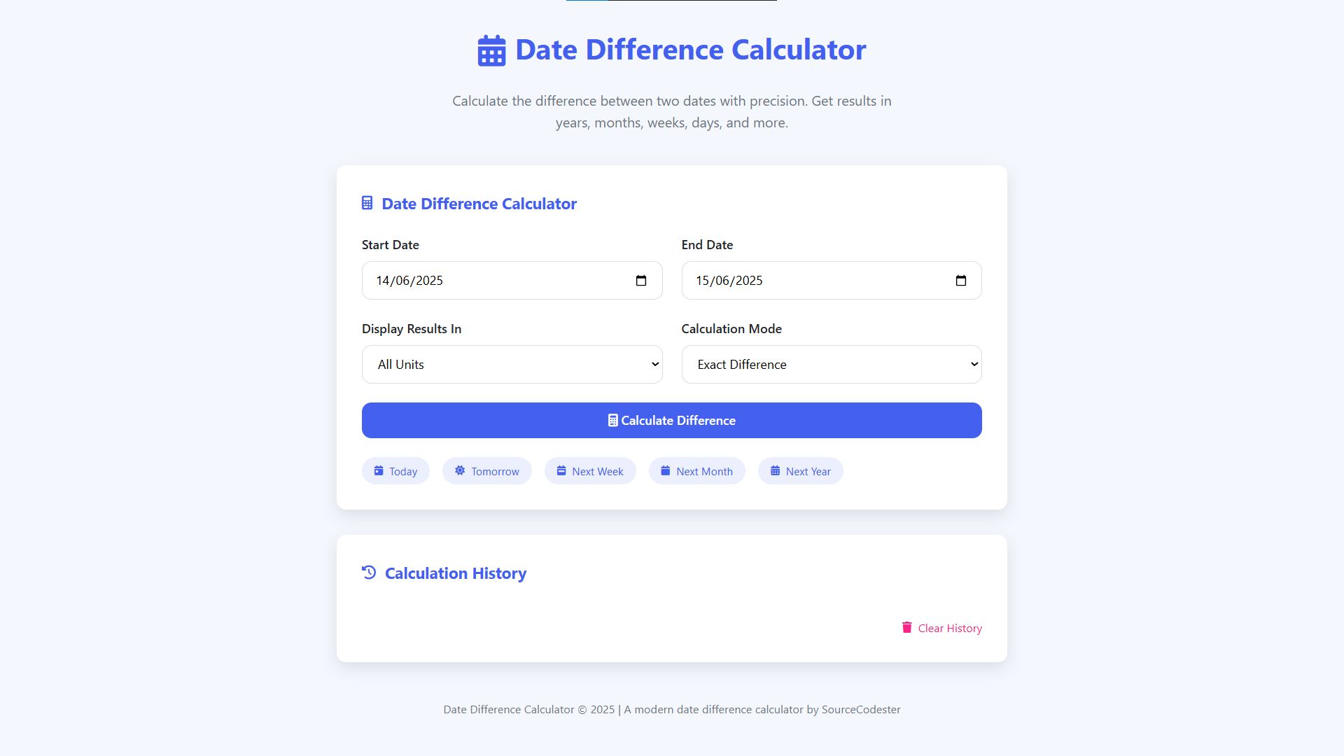 Date Difference Calculator Using HTML, CSS and JavaScript with Source ...