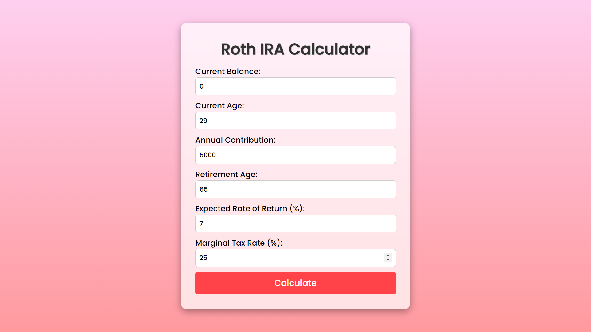 Roth IRA Calculator Using HTML CSS and JavaScript with Source