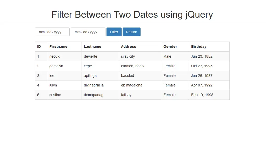 How to Filter Between Two Dates using jQuery with PHP/MySQLi | Free Source  Code Projects and Tutorials