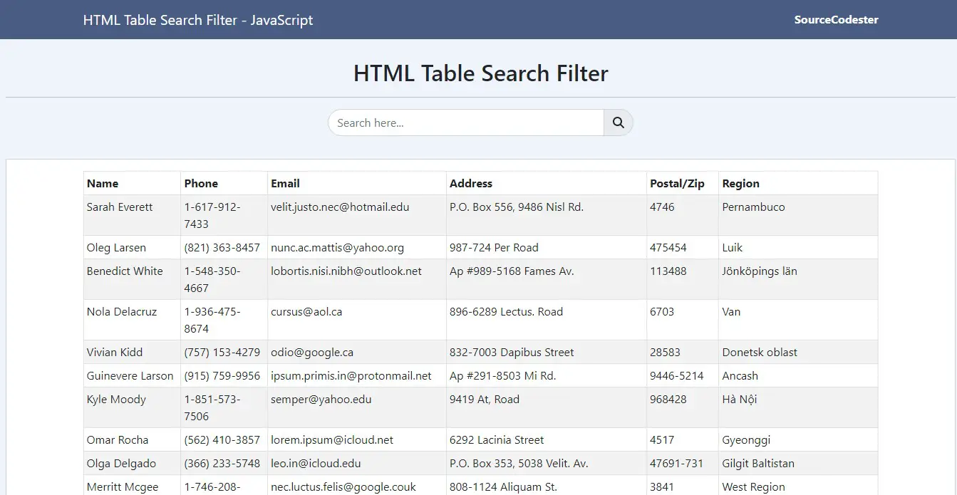 HTML Table Search Filter