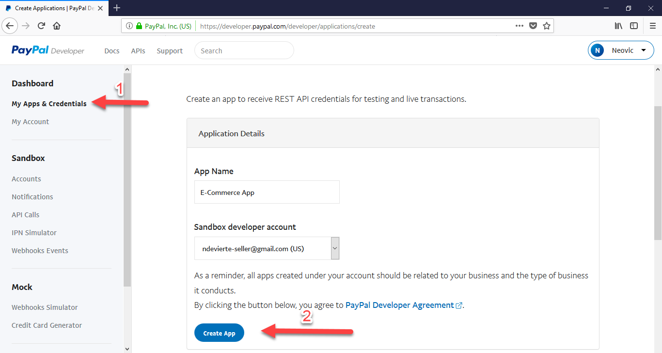 create paypal app