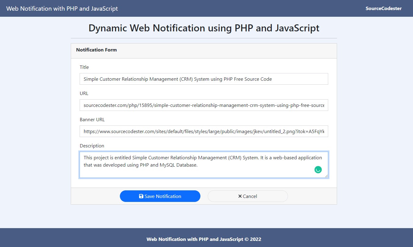 Dynamic Web Push Notification Demo App using PHP and JS