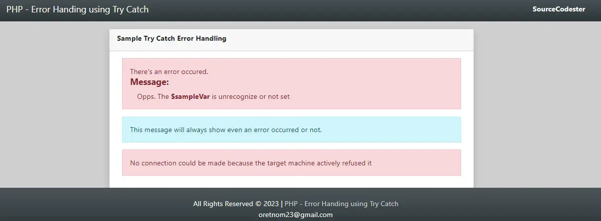 PHP Error Handling using Try Catch