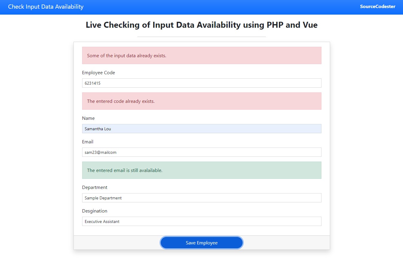 Live Checking of Input Data using PHP and VueJS